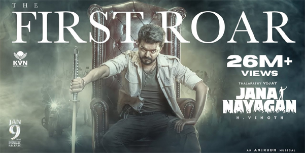 Thalapathy Vijay in a powerful pose during "The First Roar—Jana Nayagan" teaser with a fiery background.
