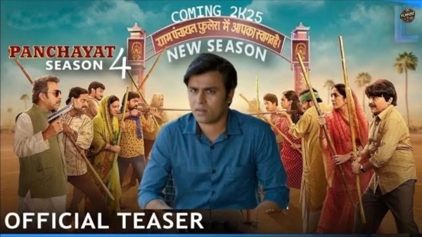 Panchayat Season 4 poster showing main cast and village backdrop