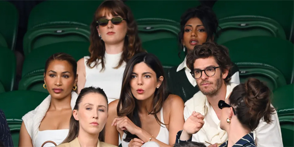 Andrew Garfield and Monica Barbaro at Wimbledon 2025 in coordinated white outfits