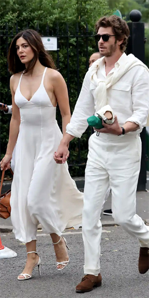 Andrew Garfield and Monica Barbaro at Wimbledon 2025 in coordinated white outfits
